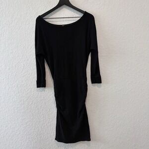 Monrow Cotton Rayon Black Ruched Knit Black Dress Size Xs Stretchy 3/4 Sleeves